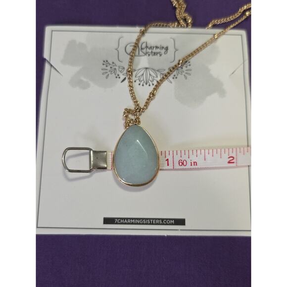Light Blue Stone Teardrop Pendant Necklace On Gold Tone Satellite Station Chain - Picture 5 of 8